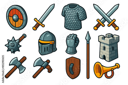 Bold Medieval Icons. Isometric vector illustration set Sword & Shield: rustic Viking round shield, forged longsword, iron