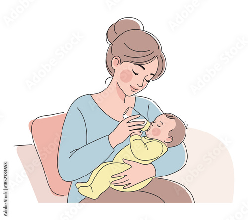illustration of a woman giving her baby a bottle of milk.
