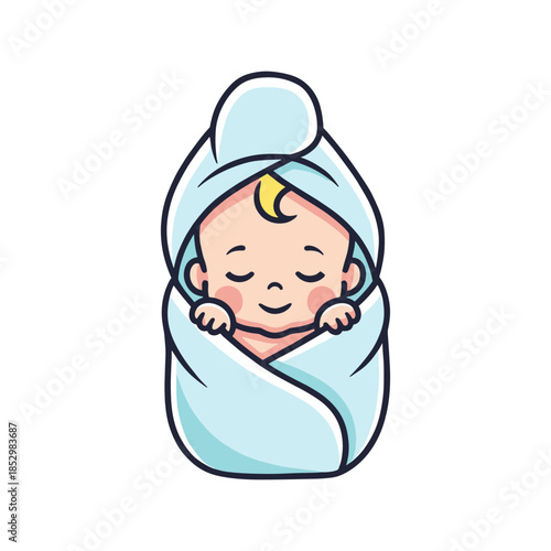 Baby swaddled in a blue blanket towel.