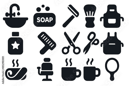 Grooming Rituals Icons. Solid style icons of Grooming Rituals: Wash Basin, Soap, Razor, Brush, Cologne, Comb, Scissors, Apron, Hot