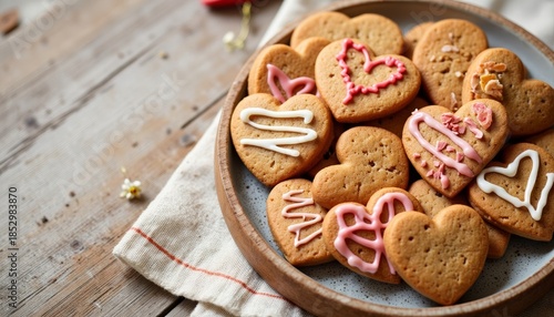 Heart-shaped ginger cookies with festive mood decorated with pink and white icing on a rustic ceramic plate against a wooden table background
