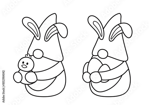 Easter Gnomes Coloring Page and Template Set.
Cute spring Gnomes Outline Vector Illustration for Kids.
White background.