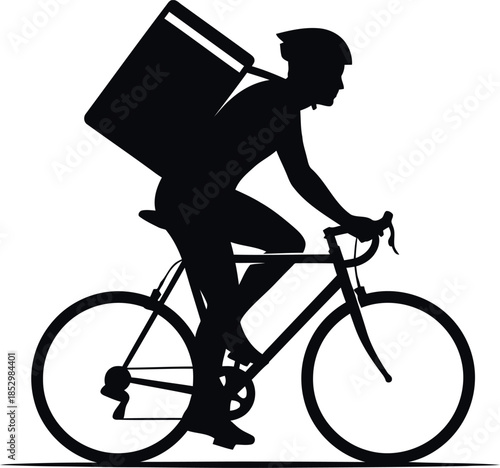 Delivery courier riding bicycle with large thermal backpack