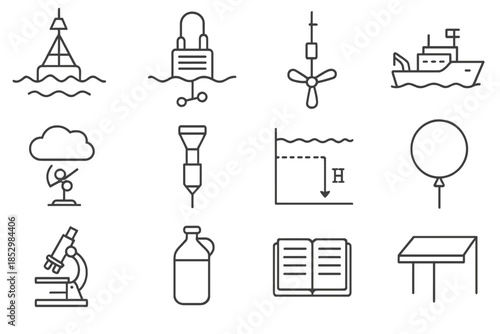 Ocean-Atmosphere Study Icons. Line style icons of Ocean-Atmosphere Study: Wave Buoy, Salinity Sensor, Current Meter, Research