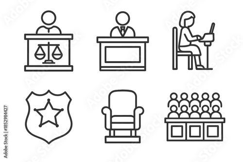 Courtroom Role Icons. Line style icons of Courtroom Roles and Structure: judge’s bench, attorney table, court reporter, bailiff