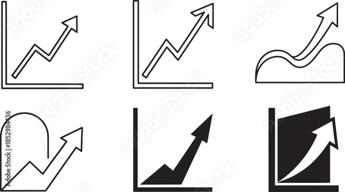 Upward growth line graph icons representing success and positive business trends in various artistic outline and solid black data visualization styles.