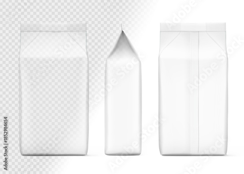 Hyper realistic transparent vertical bag mockup. Front, back and side view. Vector illustration isolated on white and transparent background. Can be use for template your design, presentation, promo, 
