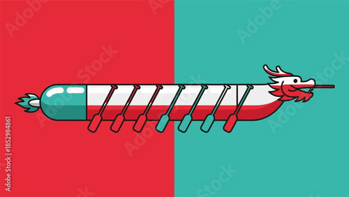 Illustration of a dragon boat with oars, featuring a unique design on a split red and teal background.