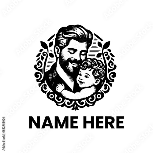 Elegant black and white illustration of a loving father embracing his adorable baby, celebrating paternal bond and family joy in a timeless artistic style