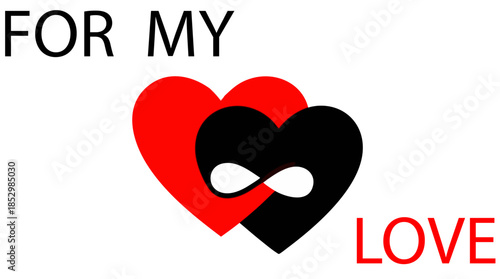 Striking black background graphic featuring a bright red heart shape entwined with a white infinity symbol suggesting eternal love and connection design.