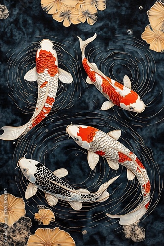 Koi Fish Pattern Swimming Underwater Textured Visuals Japanese Art Aquatic Serenity Nature Illustration Tranquility Colorful Artwork Patterned Zen Fish Swimming Oriental Art