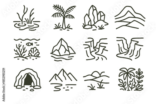 Ancient Environments Icons. Line style icons of ancient environments: swamp, fern tree, volcanic rock, desert dune; coral reef,