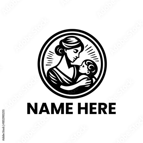 Timeless vector illustration featuring a mother gently cradling her infant, beautifully enclosed within a classic circular emblem, symbolizing profound maternal love and family connection
