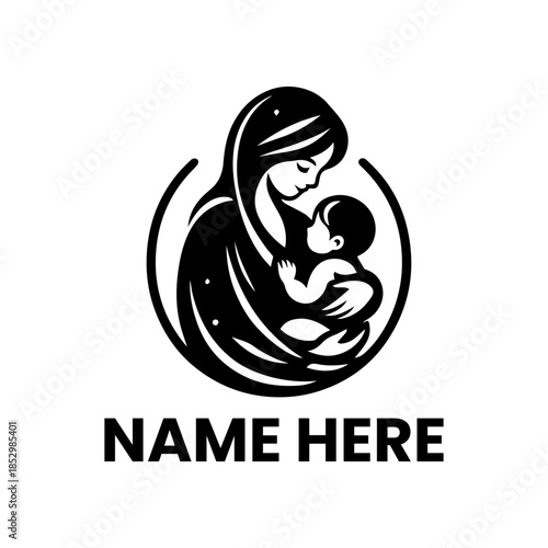 Stylized black and white illustration depicting a loving mother tenderly embracing her newborn child within a circular frame, symbolizing maternal bond and care, ideal for branding