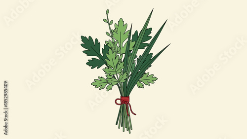 Freshly picked aromatic herbs tied with red string, ready for culinary use.
