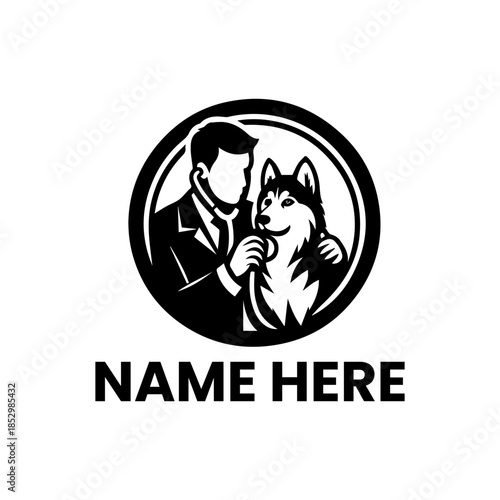 Professional veterinary care logo featuring a compassionate doctor examining a friendly husky dog, perfect for animal clinic branding and pet health services