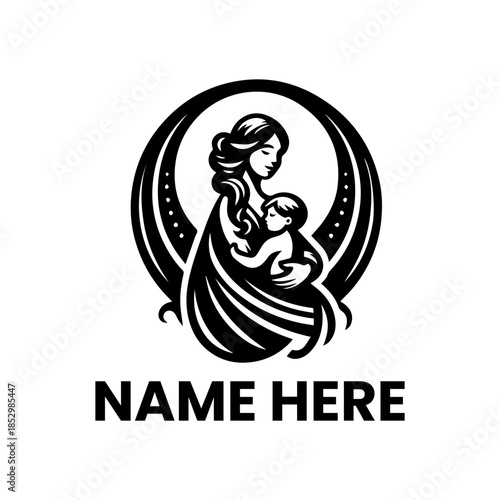Elegant motherhood logo design featuring a mother holding her baby within a circular emblem, perfect for childcare or family-oriented businesses