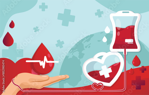 World Blood Donor Day Hand holding heart with medical symbols