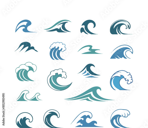 Create kinds of collection of sea waves icons isolated on white background