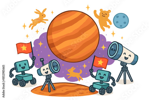 Rovers and Stardust Celebration. Discovery of an exoplanet with rovers waving flags, telescopes smiling, and stardust animals