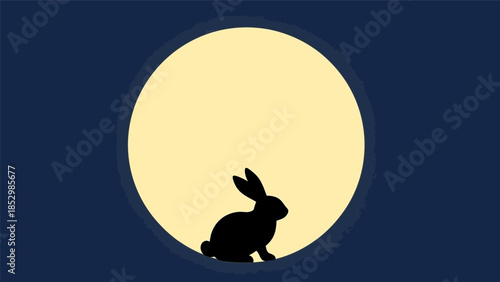 Minimalist silhouette of a rabbit in front of a full moon at night, creating a serene and mystical atmosphere.