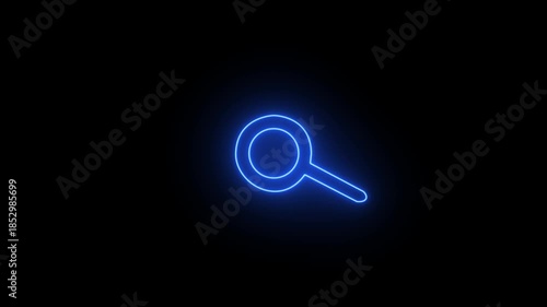 Magnifying glass, zoom simple vector icon. Flat design.Blue neon on black background.