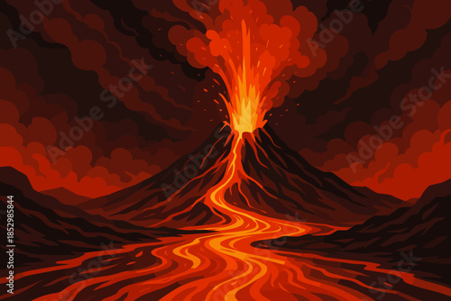 Volcanic Eruption Fury. Fiery volcanic eruption with molten lava flowing under a smoky sky, dramatic vector illustration red and
