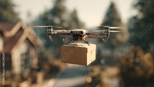 A drone delivering a cardboard box over a suburban neighborhood, blurred background