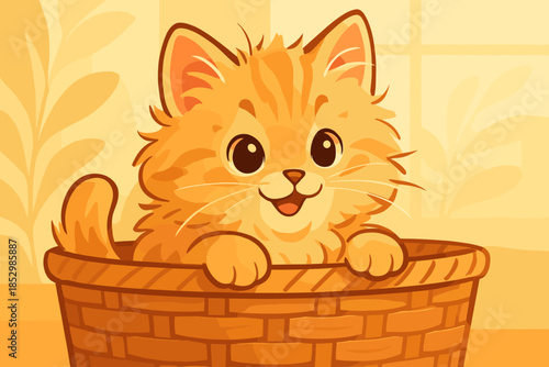 Curious Kitten in Basket. Playful fluffy kitten peeking out of a wicker basket, illuminated by soft natural light, warm and