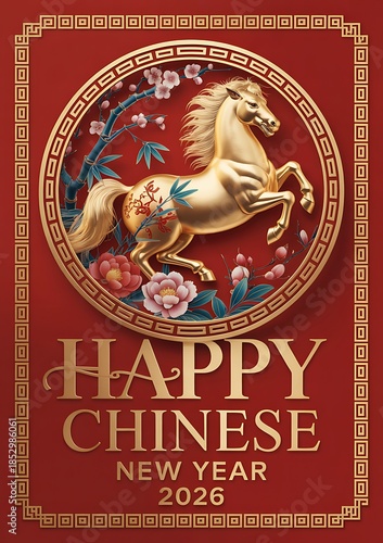Happy chinese new year 2026 with golden horse on red background