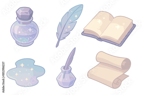 Celestial Writing Tools. Isometric vector illustration set Liquid Starlight Manuscript: glowing ink bottle, celestial quill, open