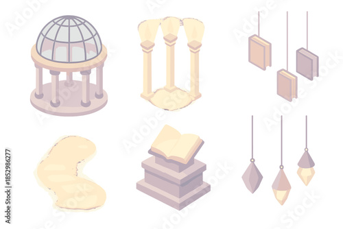 Memory Cathedral Icons. Isometric vector illustration set Memory Cathedral: glass dome ceiling, radiant pillars, suspended books,