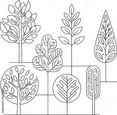 A minimalist line art illustration of various minimal trees in a linear composition on a white background.