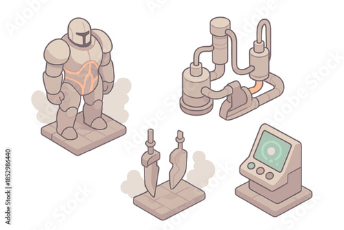 Colossus Forge Core. Isometric vector illustration set Colossus Forge Core: towering armor shell, molten power veins, energy