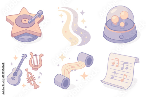 Celestial Music Forge. Isometric vector illustration set Celestial Music Forge: star-shaped sound discs, ambient particle trails,