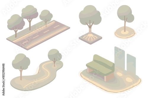 Eco-Light Boulevard Design. Isometric vector illustration set Eco-Light Boulevard: tree-lined urban road, fiber-optic roots,