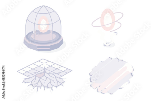Photon Seed Observatory. Isometric vector illustration set Photon Seed Observatory: glass dome enclosure, suspended energy seed,