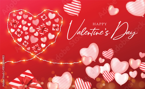 Valentine's Day Heart with Gifts and Balloons on Red Background
