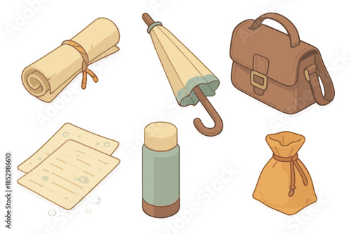 Monsoon Traveler Essentials. Isometric vector illustration set of Monsoon Traveler Kit: rolled parchment tied with cord, umbrella