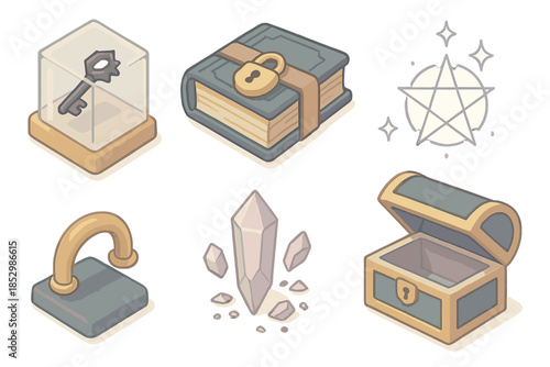 Abyssal Knowledge Vault. Isometric vector illustration set of Abyssal Knowledge Vault: obsidian key in glass case, locked tome,