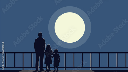 Father and two children standing on a balcony watching the full moon at night.