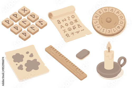 Lost Alphabet Workshop. Isometric vector illustration set of Lost Alphabet Workshop: carved wooden runes, parchment with unknown