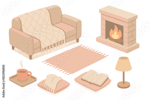 Warm Living Room Icons. Isometric vector illustration set of Warm Living Room Moment: wool blanket draped on sofa, glowing fire,