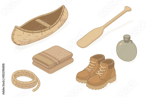 Rustic Travel Essentials. Isometric vector illustration set of Rustic Travel Essentials: birch bark canoe model, carved paddle,