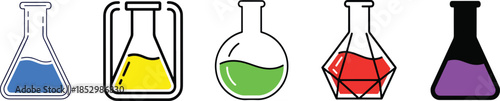 Scientific laboratory flask icons with colorful liquid in various styles like geometric and rounded glass for chemistry research and education projects.