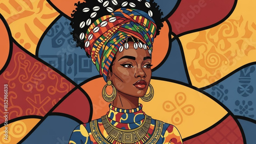Vibrant illustration of an african woman with colorful headwrap and jewelry against abstract background