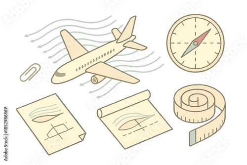 Airflow Study Icons. Isometric vector illustration set of Airflow Study Table: floating airplane, air current lines, compass chart
