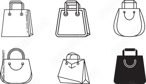 Shopping Bag Icon Set Featuring Various Styles from Classic Paper Handles to Modern Minimalist Geometric Silhouettes for Retail and E-commerce Design