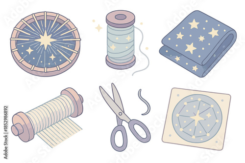 Galactic Weaving Artistry. Isometric vector illustration set of Cosmic Textile Workshop: circular weaving loom, glowing thread