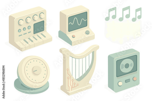 Synthetic Lab Harmony. Isometric vector illustration set of Synthetic Harmony Lab: alabaster console panel, wave analyzer, glowing